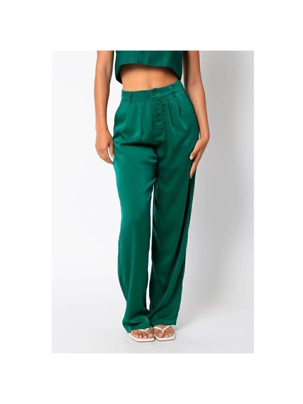 Olivacious Emerald Green Satin Wide Leg Pleated Trousers Pants L